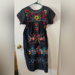 Embroidered Floral Kids Dress - Black